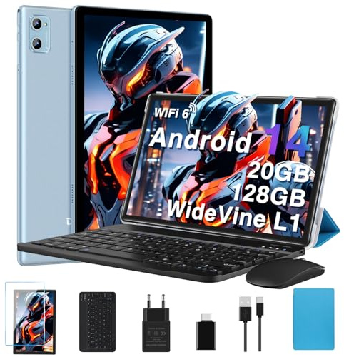 2026 Neuest Tablet 10 Zoll Android mit 20GB RAM + 128GB ROM (TF 2 TB), Octa Core, 5G Wi-Fi 6, Bluetooth 5.0, 6000 mAh, Widget, 5MP + 8MP, Widevine L1, GMS Tablet 2 in 1 mit Tastatur und Maus - Blau