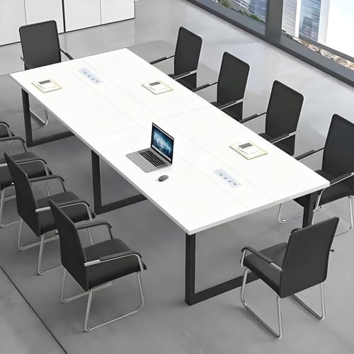 Konferenztisch 8–12 Personen, Großer Besprechungstisch mit integriertem Kabelmanagement, Moderner Meetingtisch mit schwarzem Metallrahmen, Rechteckiger Büro- und Seminartisch für Konferenzraum