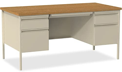 Lorell Fortress Double Pedestal Desk, 30 x 60 x 29.5, Putty Steel Base with Oak Laminate Top, for Office/Classroom, Large