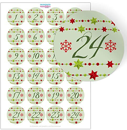 Adventskalender-Zahlen Aufkleber 1 bis 24 / Vintage Sterne/Etiketten/Sticker/Weihnachtskalender/Advent/Rund/DIY/zum Aufkleben