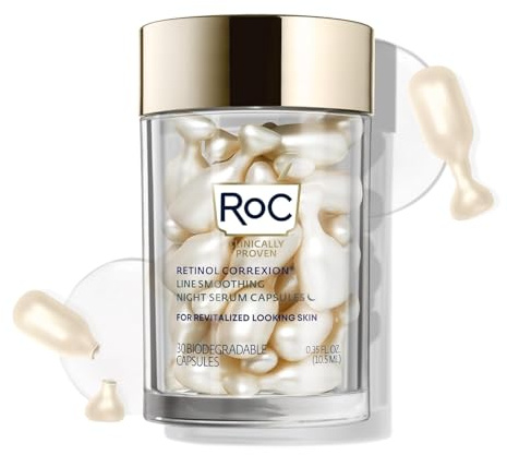 RoC Retinol Correxion Anti-Aging Wrinkle Night Serum, Retinol Serum for Face, Daily Treatment for Fine Lines, Post Acne Scars, 30 Capsules, Unscented, 0.35 Fl Oz