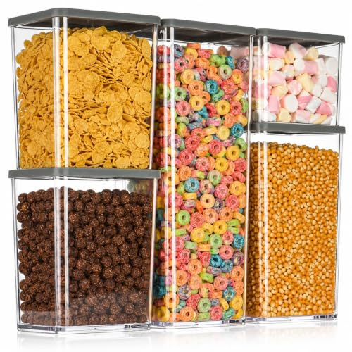 LIVIVO 5pc Stacking Food Storage Containers Set – Airtight Plastic Kitchen Pantry Organizer with Grey Lids – Space Saving Tubs for Cereal, Pasta, Rice, Flour, Snacks, Dry Food