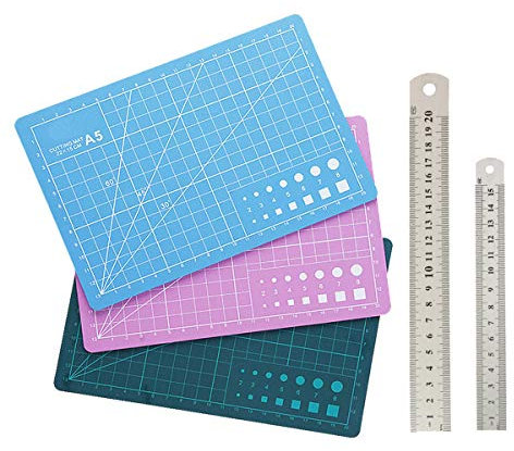 Smavles Bastelunterlage 3 Stück Nähmatte Schneidematte A5 Selbstheilend,mit 2 Stück Edelstahl Lineal,für Quilten,Nähen,DIY Handarbeit Bastelmatte