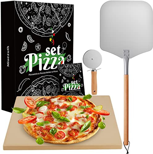 Miuezuth Pietra per pizza e tagliapizza, set da 3 pezzi – pietra rettangolare in cordierite per griglia, forno a pietra
