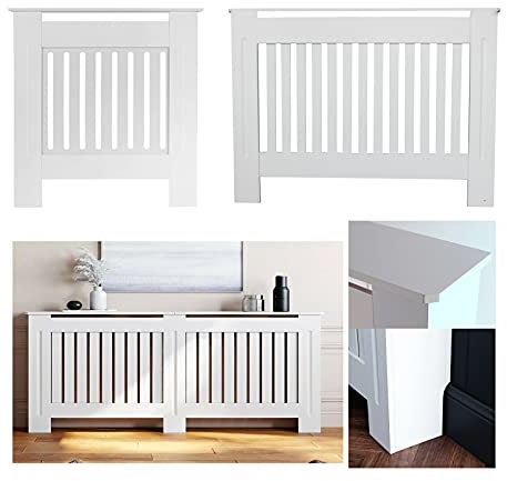 DayPlus Wooden Radiator Cover Heating Cabinet Modern Home Furniture Grill Style Slatted Design White Painted with Rounded Edges and Top Shelf (Large)