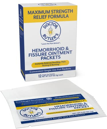 Doctor Butler's Maximum Strength Hemorrhoid & Fissure Ointment 12 to-Go Packets - Instant Pain Relief Hemorrhoid Treatment with Lidocaine, Internal & External Itching, Burning and Swelling Relief