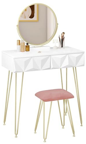 EUGAD Schminktisch mit Spiegel und Samt-Hocker, Frisiertisch mit 2 Schubladen, mit 3D Effekt, Modernes Design, Tischplatte Hochglanz 80 cm, Einfache Montage, Weiß + Golden, 0042SZT