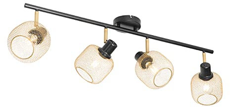 QAZQA - Industrie I Vintage I IndustrieSpot I Spotlight I Deckenspot I Deckenstrahler I Strahler I Lampe I Leuchte schwarz mit Gold I Messingenen 4-flammig Spotbalken-Lichtern - Bliss Mesh I Wohnzimme