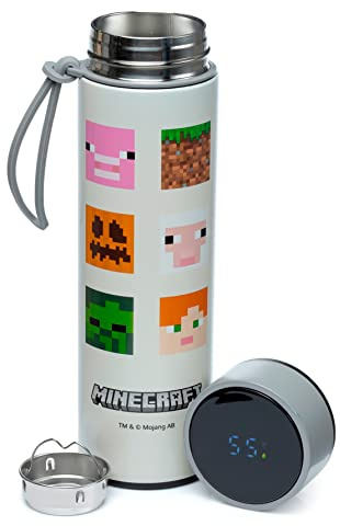 Puckator Minecraft Gesichter wiederverwendbare isolierte Edelstahl Trinkflasche mit Digital Thermometer 450ml Thermosflasche, BPA frei, mit Temperaturanzeige, abnehmbarem Teesieb, Minecraft-Figuren
