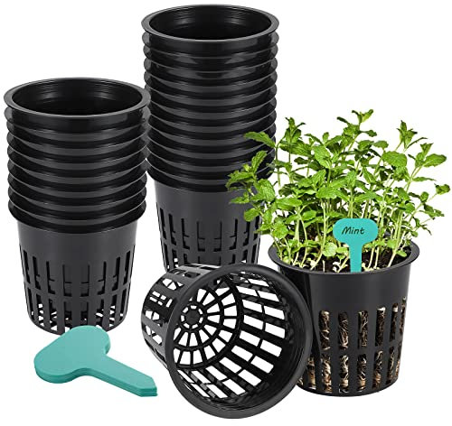 Moendergo 30 vasi per tazze da giardino da 10,5 cm, rete idroponica per piantagione, vasi per vivai, vasi a rete con intaglio a rete resistente, cesto largo con 30 etichette per piante