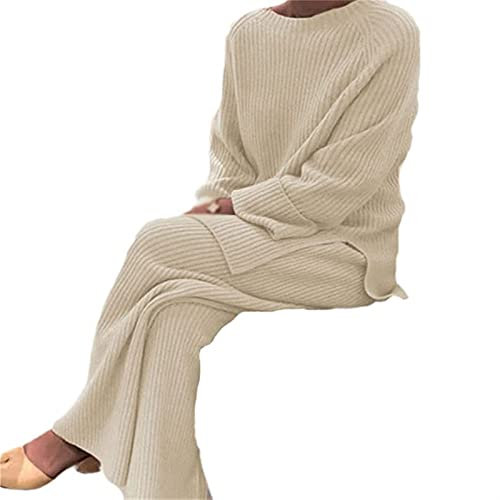 Sawmew Frauen 2-teiliges Pullover-Set, Gestrickter Winterpullover, Gestricktes Oberteil, Warmes Sweatshirt, Sportpullover Weites Bein, Hose Winter Set, Sportbekleidung (Color : Apricot, Size : XXL)