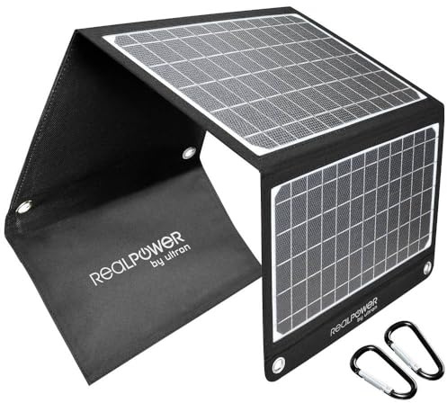 RealPower Solar Ladegerät 22W Faltbares Monokristalline Solarpanel mit USB Anschluss QC 3.0, ETFE wasserdicht, Leicht für Tablet Smartphone Powerbank und Campingreisen