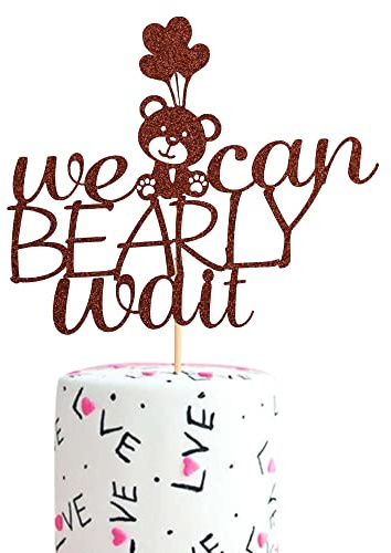 Arthsdite We Can Bearly Wait Cake Topper, Baby Bear Theme Baby Shower Gender Reveal Party Decoration Supplies - Brown Glitter