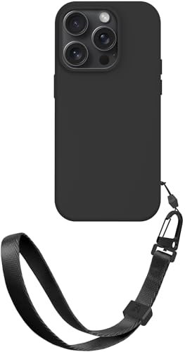 ZhinkArts Dragonne avec coque de protection compatible avec iPhone 14 Pro - Chaîne de téléphone portable à accrocher - Cordon amovible - Silicone - Noir