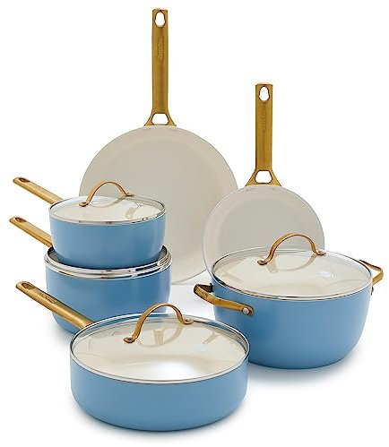GreenPan Reserve - Juego de ollas y sartenes antiadherentes de cerámica saludable anodizada dura, 10 piezas, asas de acero inoxidable en tono dorado, sin PFAS y PFOA, apto para lavavajillas, horno y