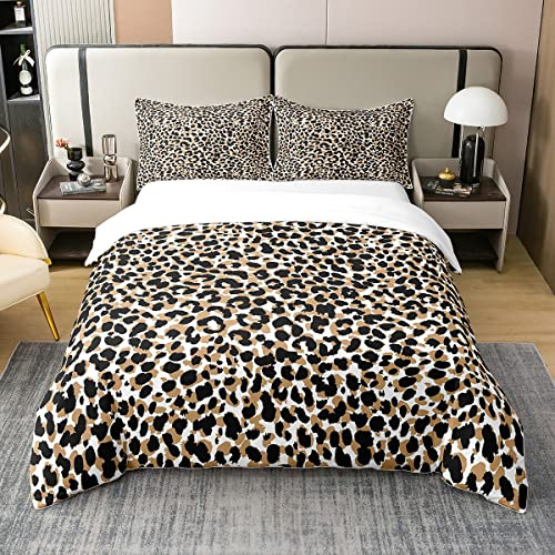 100% Baumwolle Braun Leopard Druck Bettbezug,Geparden Tröster Abdeckung 155x220,Afrika Leopard Bettwäsche Set für Teen Erwachsenenschlafzimmer Dekor,Weiche Luxus Mikrofaser Tier Thema Steppdeckenbezug