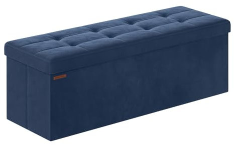 SONGMICS Storage Ottoman, Foldable Small Ottoman Foot Rest, 38 x 110 x 38 cm, Cube Ottoman with Storage, Load up to 300 kg, for Living Room, Bedroom, Entryway, Midnight Blue LSF277Q51
