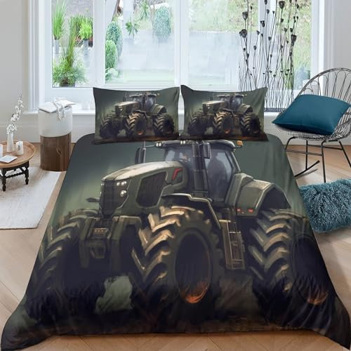HOTGE 3D Gedruckter Traktor Kinderbettwäsche Double（200x200cm）+Kissenbezug Jungen Farm Truck Bettwäsche Deckung Set Mit Reißverschluss Weich Mikrofaserbettwäsche