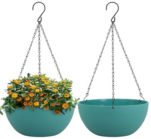 WSMKSZ 33 cm große hängende Pflanzgefäße für den Innen- und Außenbereich, mit Drainagelöchern und Kette, 2 Stück, runde hängende Blumentöpfe für Garten, Haus, Veranda, Dekoration, Blaugrün