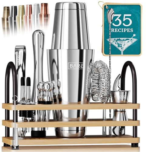 BARE BARREL® Cocktail Making Kit | 14-Piece Bartender Kit Cocktail Shaker Set Maker | Display Stand & 35 Recipe Cards | Mixology Cocktail Gift Set (800ml/28oz Boston Shaker, Silver/Natural)