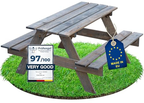 Set seggiolino e tavolo picnic per bambini in legno – Gruppo di seduta interni-esterni – Qualità produttore – Made in EU, colore: grigio