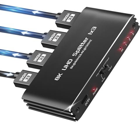 avedio links HDMI Splitter 1 in 3 Out, 8K@60Hz HDmi 2.1 splitter 1 in 3 Out Simultaneously, 4K@120Hz HDMI Splitter 1 to 3 Monitors (Only Copy Input Screen) Supports 48Gbps, HDCP 2.3， RGB 4:4:4