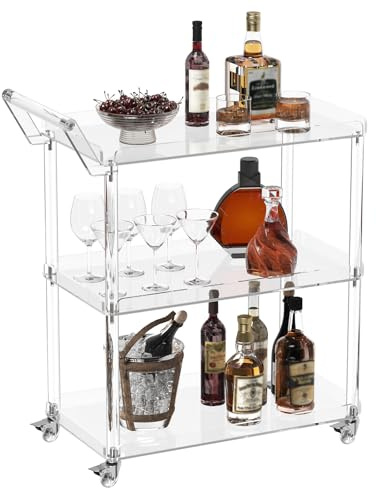 HMYHUM Acrylic Bar Cart with 4 Lockable Wheels, 30.5 L x 15.2 W x 34.5 H, Rolling Serving Cart for The Home Bar, Kitchen, Living Room, with Pulling Handle, Modern, 3-Tier, Clear