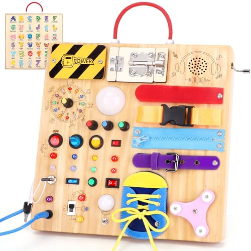 23 i 1 Busy Board Montessori-leksak från 1 år Aktivitetsbräda Träleksak Med 15 strömbrytare, 26 LED-lampor, speldosa, lås, snören, dragkedja för 1 2 3 år pojkar och flickor