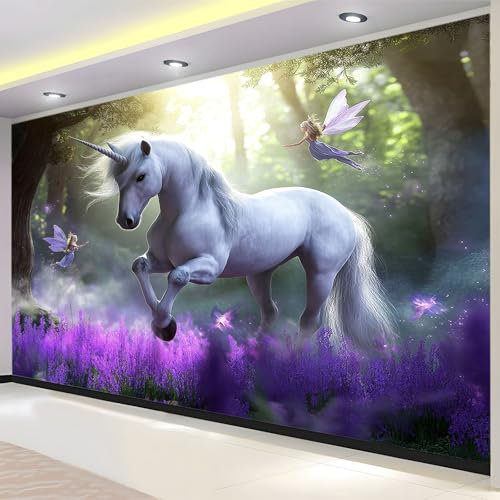 Fantasiewald-Einhorn Vlies Fototapete Wohnzimmer Schlafzimmer Motivtapeten Wandtapete Tapete Vliestapete UV-Beständig Hohe Auflösung 250x175 cm