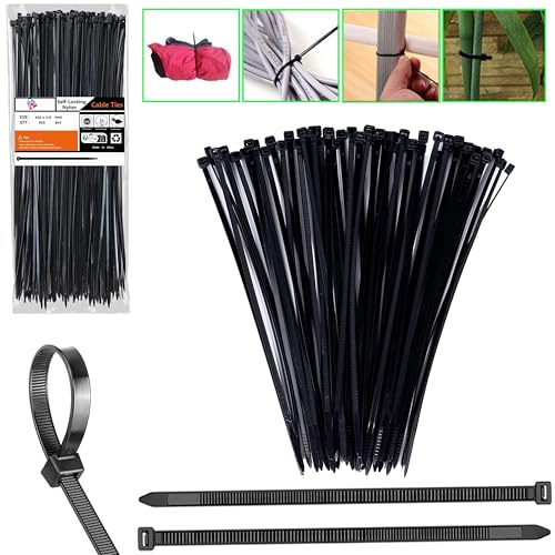 400pcs Heavy Duty Black Cable Ties 250mm x 4.6mm, 44lbs Tensile Strength, UV Resistant Nylon Zip Ties for Indoor Outdoor Cable Management