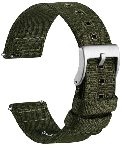 WOCCI 20mm Segeltuchstoff Uhrenarmband, Schnellverschluss, Ersatzband, Silberne Schnalle (Armee Grün)