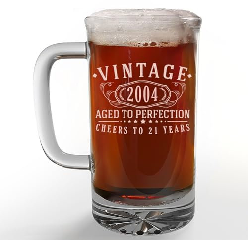 Vintage 2004 Etched 16oz Glass Beer Mug Stein – Happy 21st Birthday Gifts Him Her, Decorations Men Women Guy, Turning 21 Year Old, Bday Party Favors Supplies, Finally 21 Best Gift Idea Son 1.0