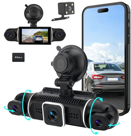 WODHMIEY Dashcam para Coche 360° con cámara Interior y Exterior, visión Nocturna, cámara Trasera, WiFi, ADAS, Sensor G, cámara para Coche con grabación 1080P y App, 64GB