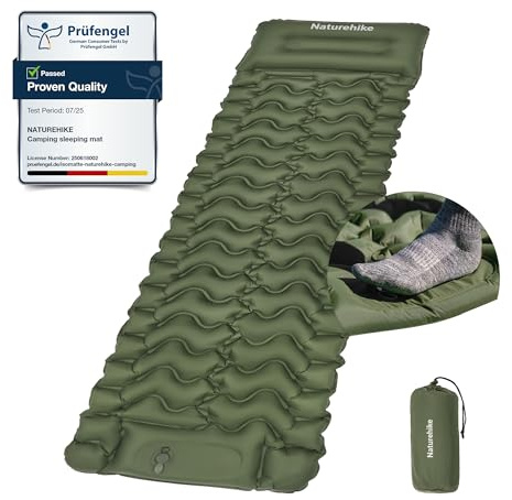 Naturehike Materassino da Campeggio con Cuscino, Ultraleggero, Gonfiabile, Pompa ad Aria Integrata, Facile da Gonfiare, Adatto per Tende da Trekking, Livello di Ingresso (Verde militare - Singolo)