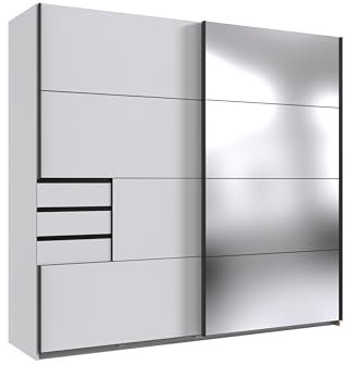 möbelando Schwebetürenschrank >Saigon< in Weiß mit Spiegeltür, schwarzen Griffen, Maße: 225x208x64 cm, 4 Einlegeböden, 3 Schubladen, 1 Kleiderstange, ideal für Schlafzimmer, Made in Germany