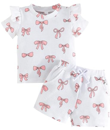 Winmany 2 stycken småbarn baby flicka sommarkläder liten flicka söt rosett kortärmad topp skjorta kläder set med fickor, Vit, 12-18 månader