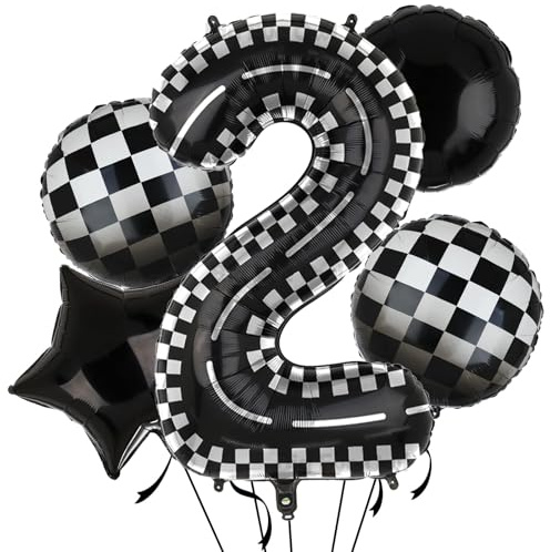 XXL Rennstrecken Zahl 2 Folienballons Schwarz Weiß Rennauto Ballon 5 Stück Mylar Helium Zahlen 2 Rennwagen Checkered Autos Luftballon Party Deko Geburtstags Race Car Theme 100cm