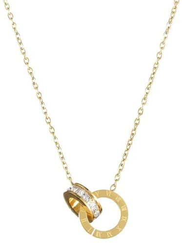 Sanixa Karma NH10785785 Halskette Damen Edelstahl Gold 40 Kette mit Doppelring Anhänger mit römischen Ziffern und funkelnden Steinen Schmuck für Frauen verstellbar Damenhalskette