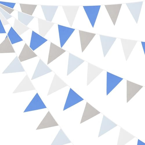Festone in tessuto multicolore, 10 m, impermeabile, in nylon, per festa della mamma, compleanno, matrimonio, baby shower, interni ed esterni, giardino, feste, decorazione (blu, grigio, bianco)