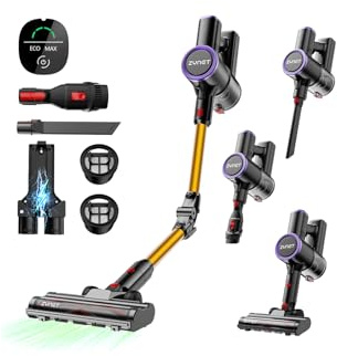 Zynet S9 Aspirateur Balai sans Fil, 45kPa/500W/45Min Aspirateur sans Fil, Tube Pliable, Station de Charge Autonome et Murale, avec Lumière Verte, Adapté aux Poils d'animaux/Tapis/Sols Durs (Or)