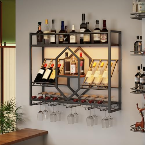 HOOBRO Wall Mounted Wine Rack with LED Light, 80 cm Wine Shelf, 3 Tier Wine Bottle Display Shelf with Glass Holder, Hanging Bar Liquor Storage Rack, for Kitchen, Bar, Rustic Brown and Black EBF73DBJ01