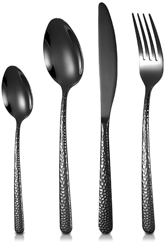 Black Cutlery Set, SEVERN LIVING, 16 Piece Polished Black Stainless Steel Flatware Set, Silverware Tableware Set with Spoon Knife and Fork Set, Service for 4 People, Easy Clean