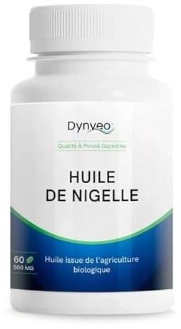 Huile de Nigelle (Cumin noir) - Issue de graines BIO - 3% Thymoquinone & 55% Oméga-6 - Immunité, Cholestérol, Glycémie, Peau - Efficacité Scientifiquement Validée - 500 mg - 60 Capsules vegan - Dynveo