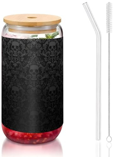 YBGHDAA 1 verre gothique avec couvercle et paille - Motif tête de mort - Idéal pour whisky, bière, thé - 473 ml