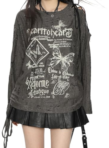 Skateboard Frog Y2K T Shirt Damen Anime Schulterfreies Langarm Löchern Mesh | Damen T-Shirt Grunge Gothic Harajuku Kawaii Streetwear Langarmshirt schulterfrei Cut Out Cartoon Druck lässiges Freizeit Tops