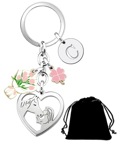 QTZXZX Cadeaux Fille et Cheval pour Femme. Porte-clés lettre initiales Coeur Porte Clef argent A-Z 26 chanceux. Personnalité Cadeaux de Amoureux des Chevaux et Fille Anniversaire Noël (C)