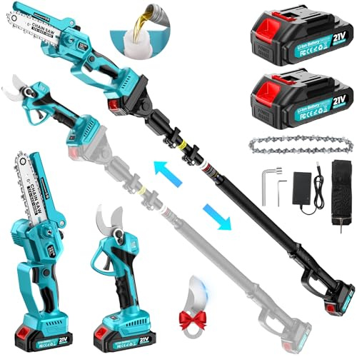 4 in 1 Akku Hochentaster, 6 Zoll Mini Kettensäge mit Akku & Ladegerät, 33 mm Elektrische Gartenschere, 1,4–2,2 m Teleskopstange (Max 4,2 m Reichweite), 2 x 2,0 Ah Akku-Betriebene Astsäge &Gartenschere