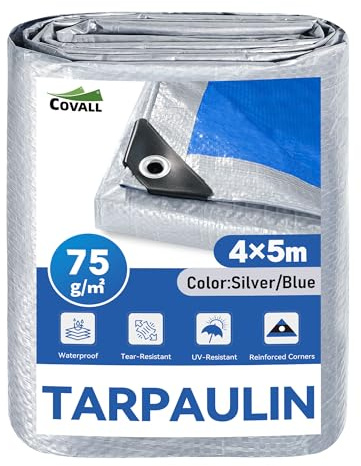 COVALL Tarpaulin 4m x 5m,75gsm Waterproof Groundsheet,Silver & Blue Tarp | Large Tarpaulin Plastic Sheeting UV&Tear Resistant With Reinforced Grommets For Outdoor,Shelter,Camping,Garden,Wood,Car