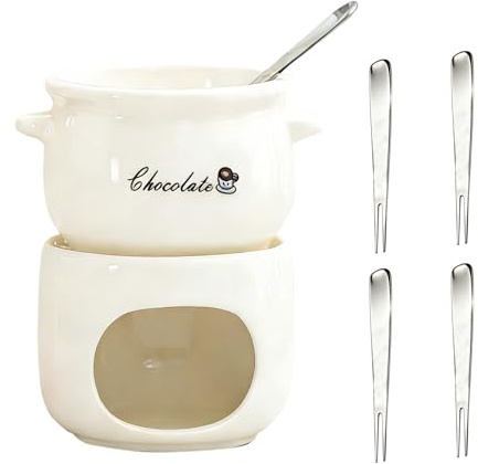 OFGAOO Schokoladen Fondue Becher Set, Keramik Schokoladenfondue Tasse 4 Gabeln Schoko Fondueset Käsefondue mini Schokofondue Käsefondue Fondue Set für Schokolade Käse Butter Karamell (Weiß)