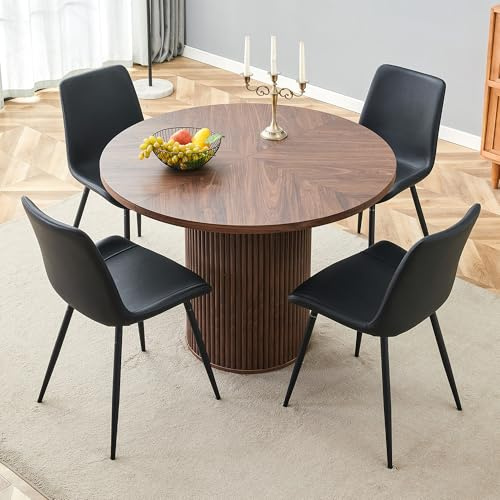 NuvlaGu Juego de mesa de comedor redonda de 100 cm, de madera de densidad media, con 4 sillas de piel sintética negra, estructura de metal negro, para comedor y cocina (negro + nogal)